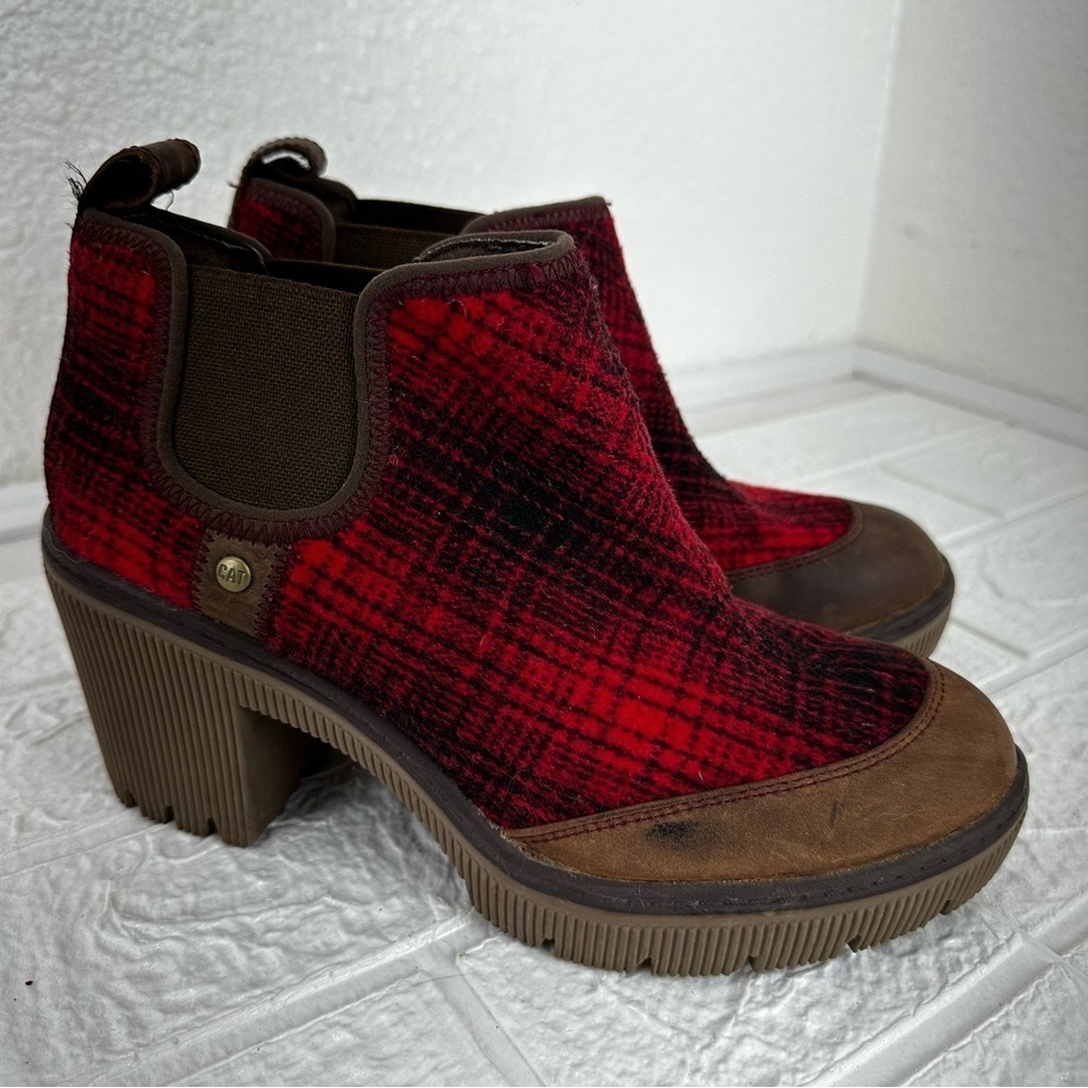 CAT Caterpillar Chelsea ankle boot flannel red plaid pull on chunky heel fall